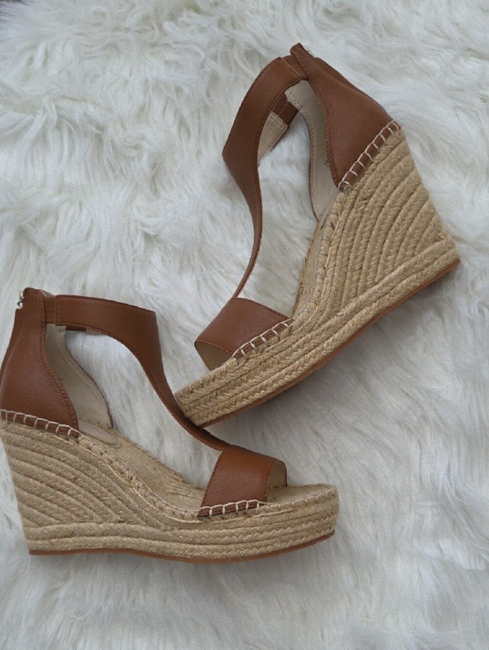 Kenneth Cole Olivia Brown Leather Espadrille Wedge Sandals